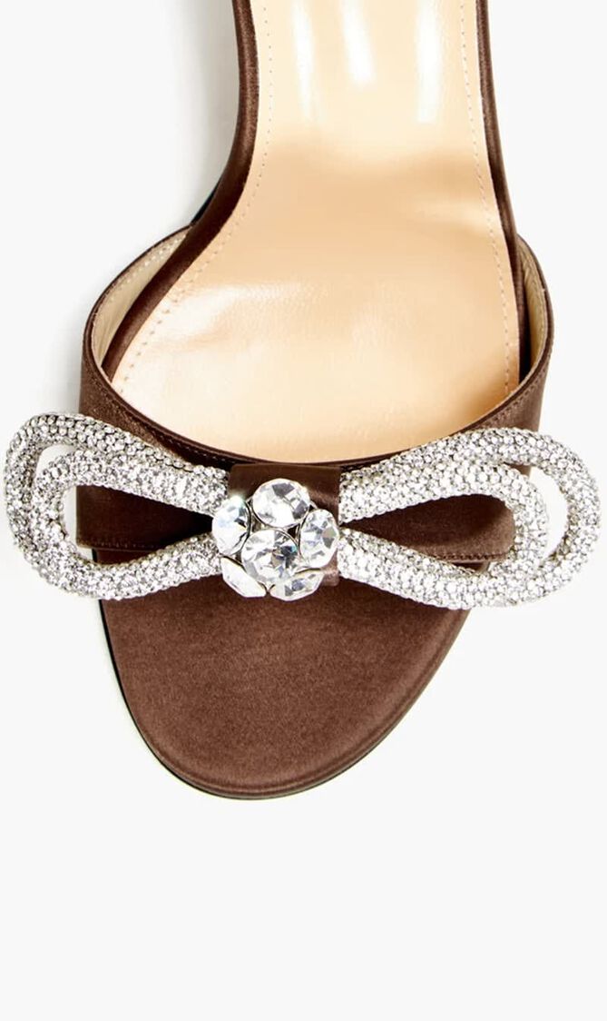 DOUBLE BOW BROWN SATIN ROUND TOE MULES(85MM)