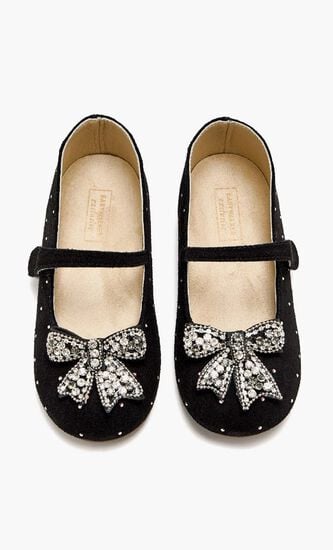 SWAROVSKI CRYSTALS ALL AROUND EMBELLISHED SUEDE LEATHER BALLERINAS WITH CRYSTAL BOW