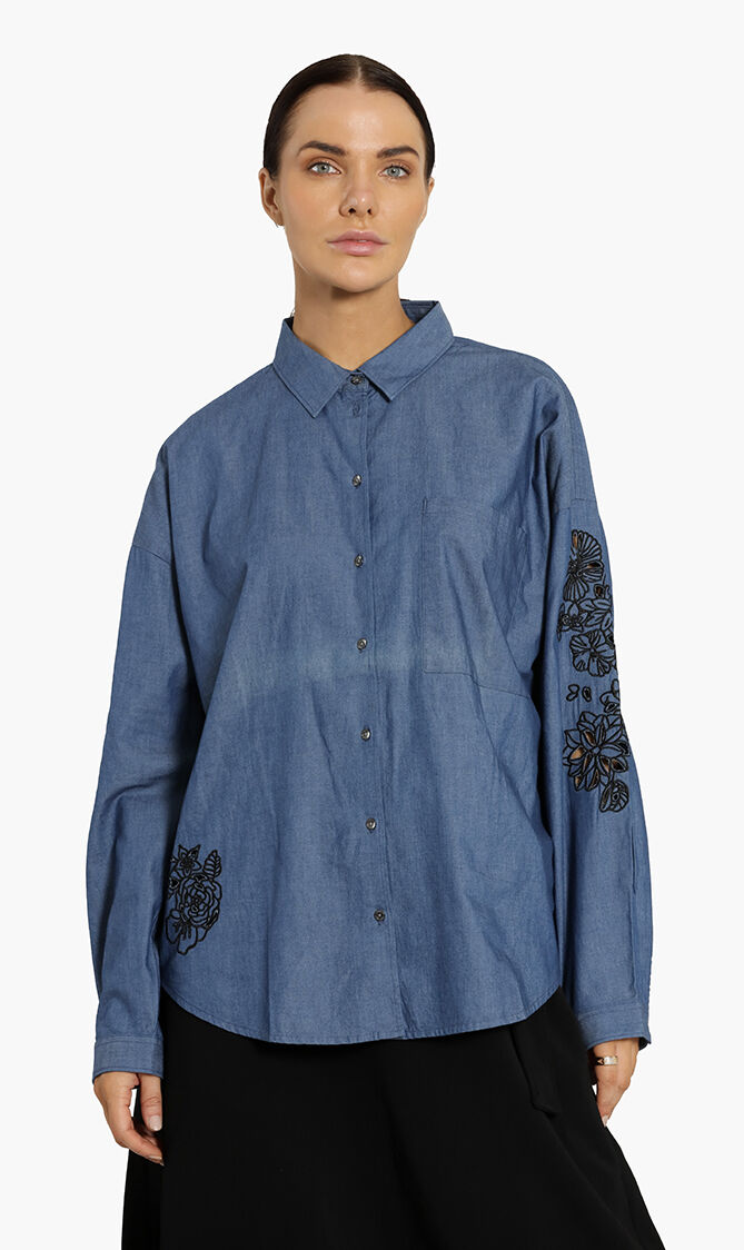 Floral Cut-Out Embroidery Denim Shirt