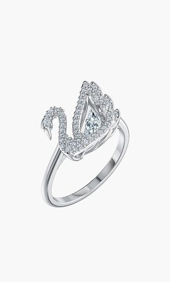 Dancing Swan Ring, White, Rhodium Plated