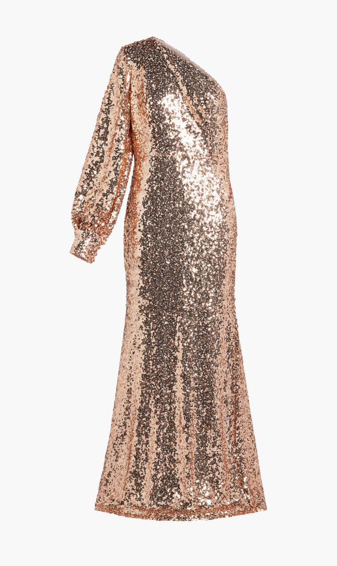 SEQUINED ONE SHOULDER BISHOP SLEEVE TRUMPET GOWN