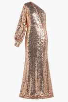 SEQUINED ONE SHOULDER BISHOP SLEEVE TRUMPET GOWN