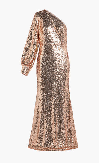 SEQUINED ONE SHOULDER BISHOP SLEEVE TRUMPET GOWN