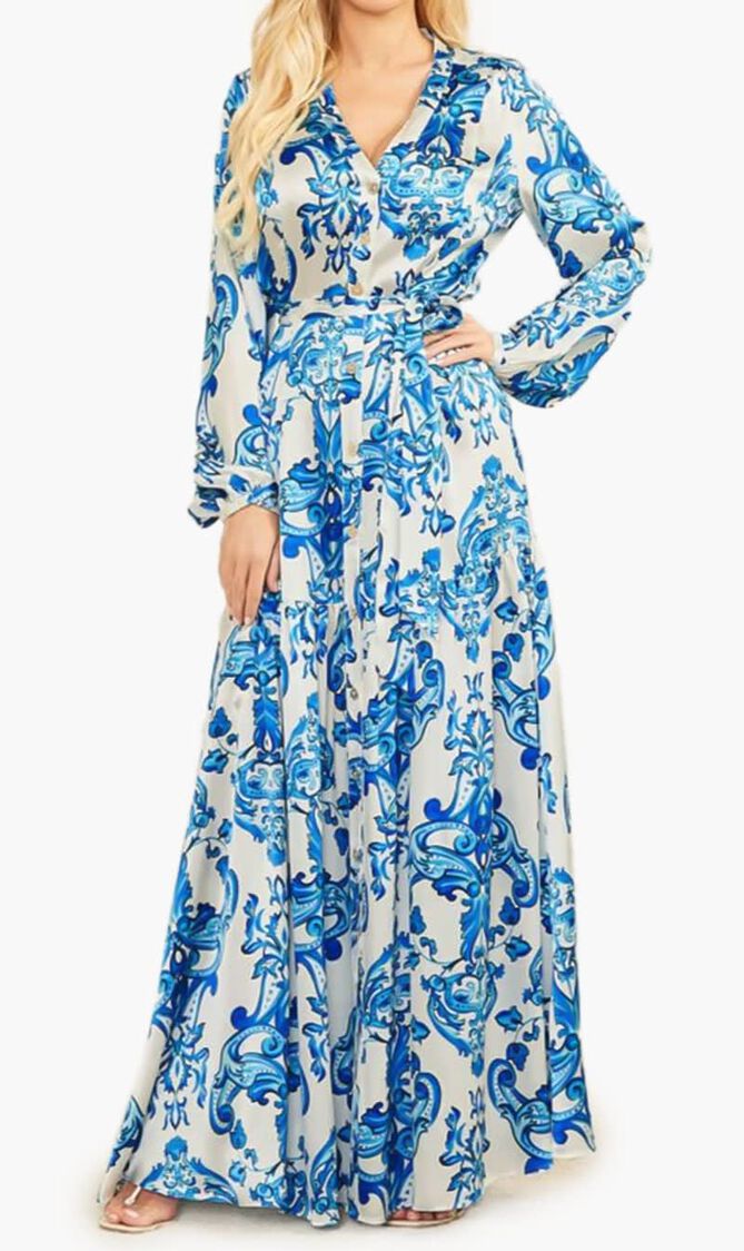 Long Patterned Silk Shirt Dress