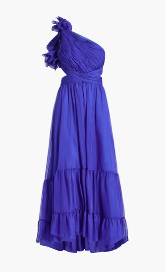 ONE SHOULDER RUFFLE TIERED CUT-OUT CHIFFON GOWN