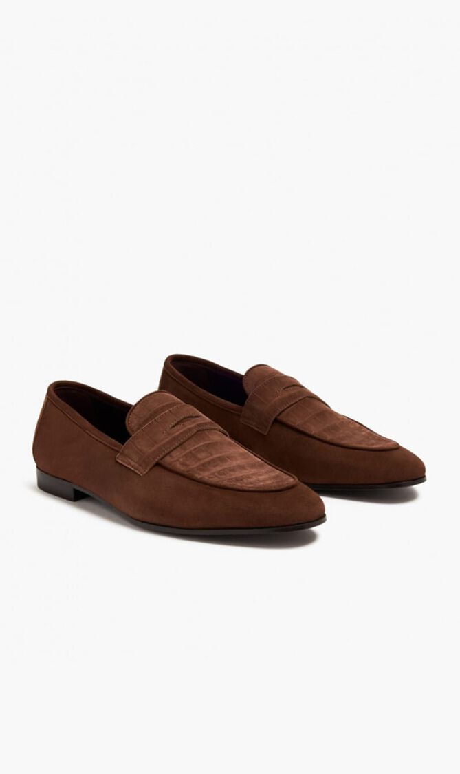 TOBACCO BROWN NABUK CROCODILE AND SUEDE MEN'S FLANEUR