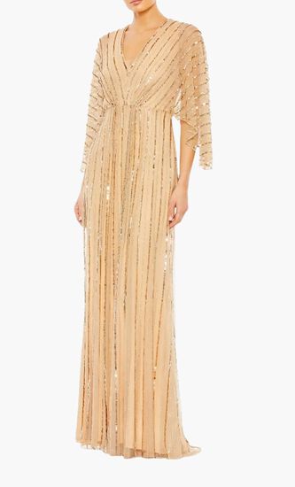 Beaded Striping Kimono Sleeve Gown