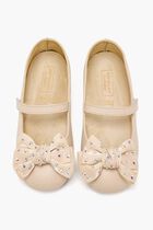 SWAROVSKI CRYSTALS EMBELLISHED BOW SINGLE STRAP LEATHER BALLERINAS