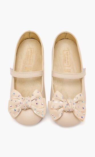 SWAROVSKI CRYSTALS EMBELLISHED BOW SINGLE STRAP LEATHER BALLERINAS
