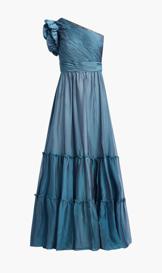 RUFFLED ONE SHOULDER TIERED CHIFFON GOWN