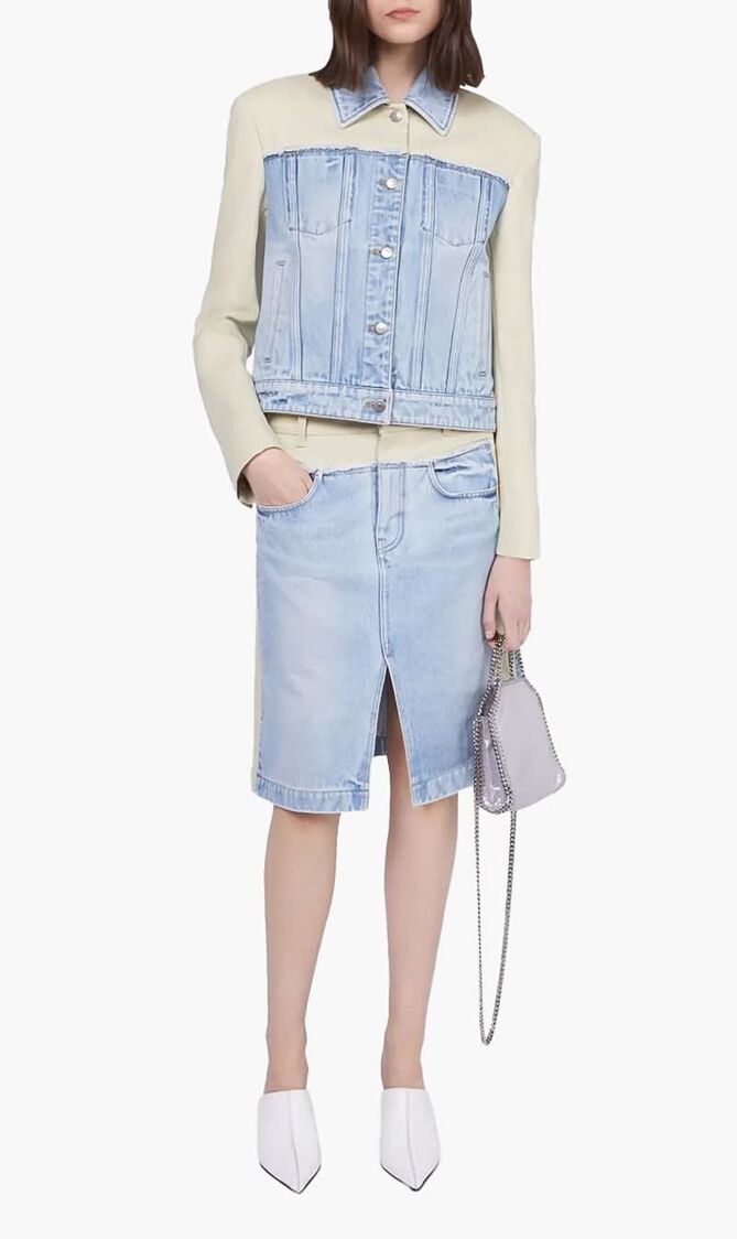 PANELED LIGHT VINTAGE BLUE DENIM AND TWILL JACKET