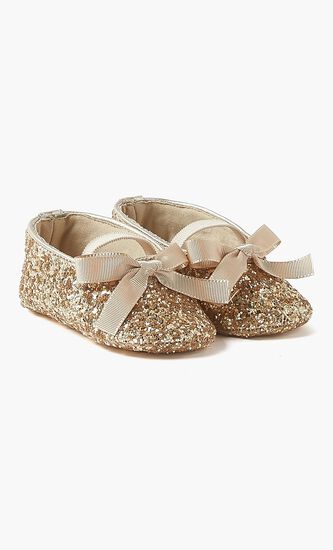 Gros Grain Bow Embellished Glitter Fabric Ballerinas