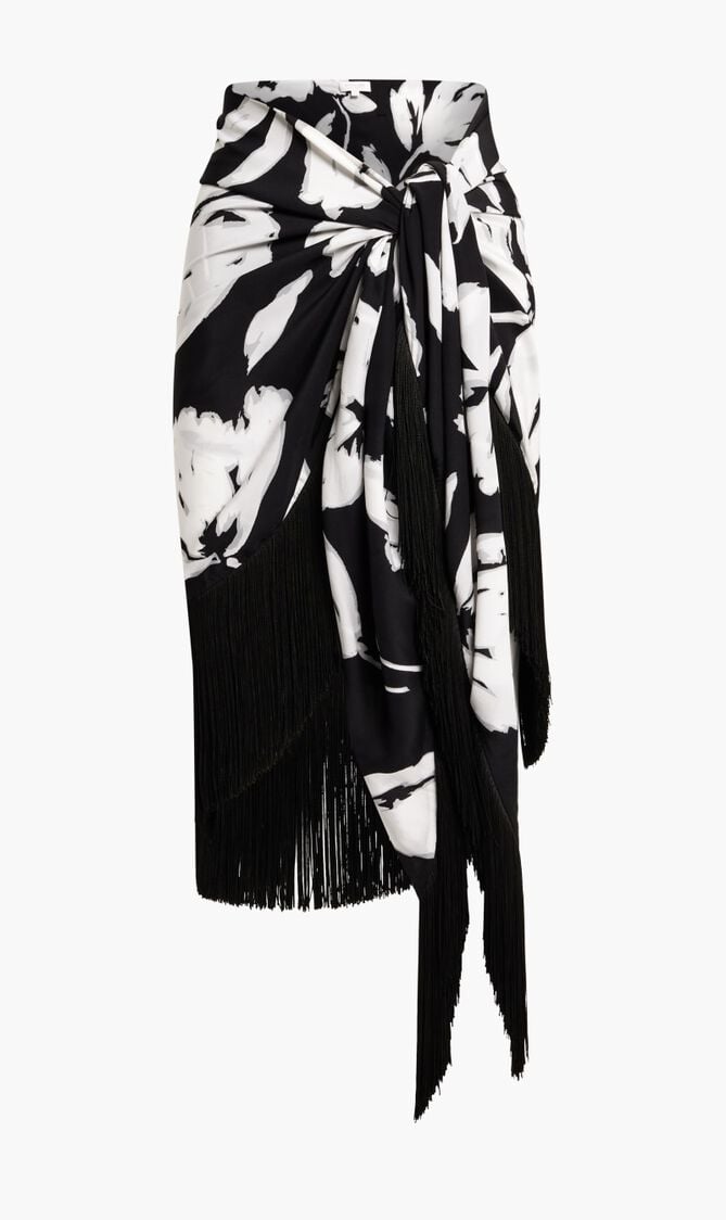 Brushstroke Floral Silk Crepe De Chine Fringed Sarong Skirt