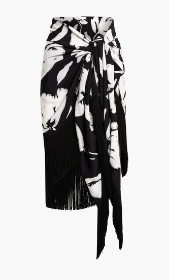 Brushstroke Floral Silk Crepe De Chine Fringed Sarong Skirt