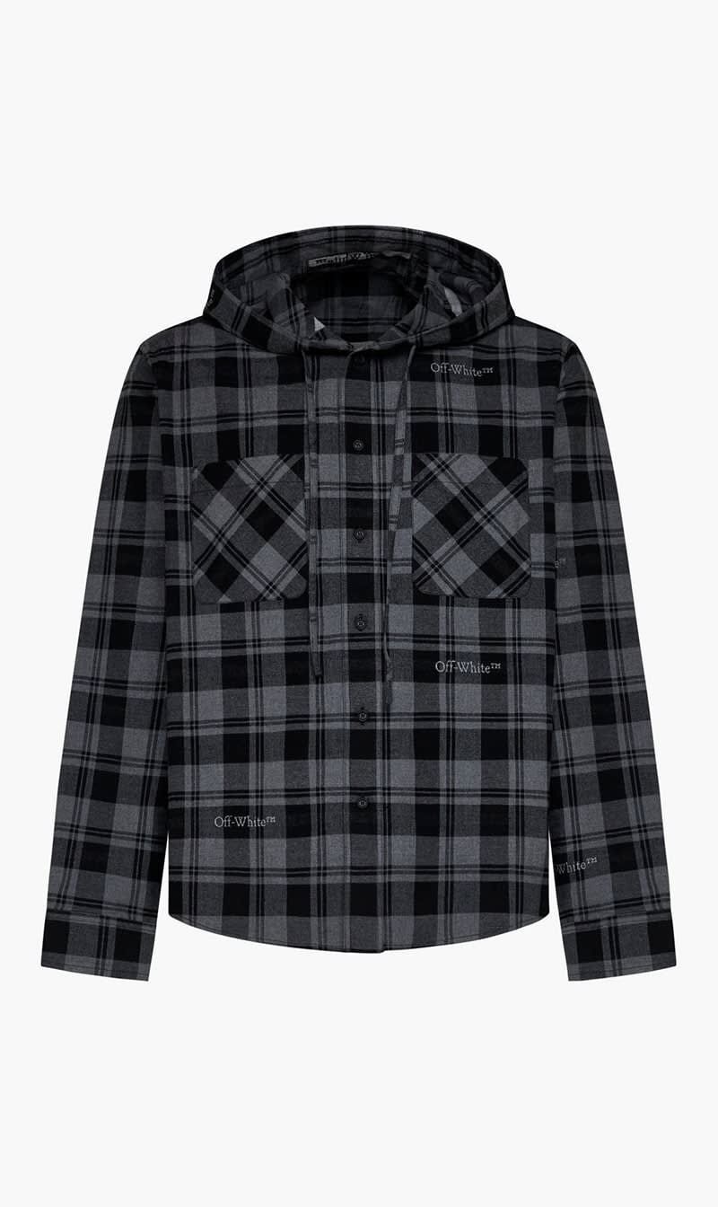 トップス 00s shadow check hooded shirt noroll Buy OFF-WHITE CHECK FLANN HOODED SHIRT DARK GREY BLACK for SAR