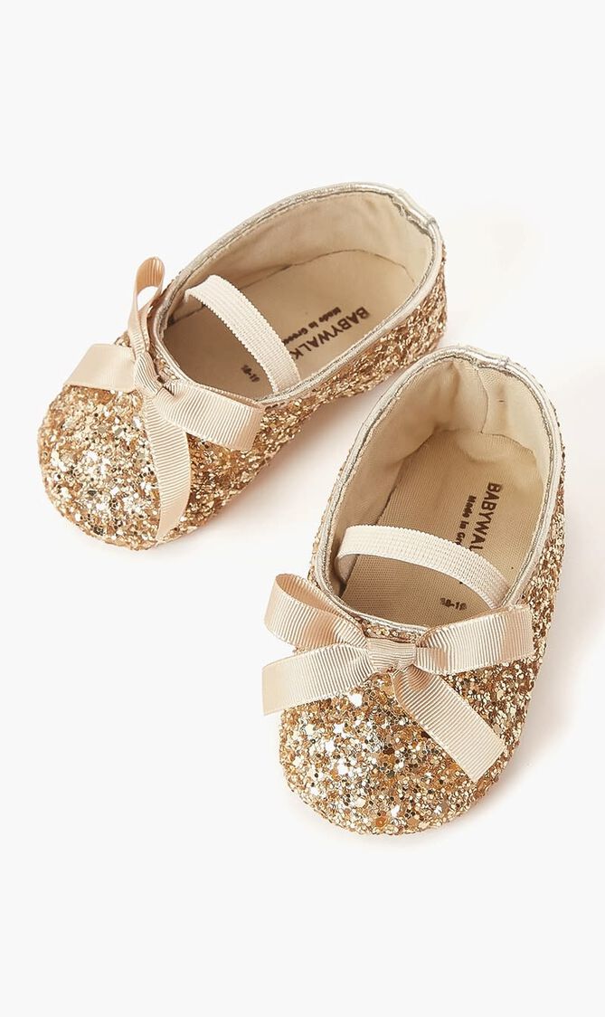 Gros Grain Bow Embellished Glitter Fabric Ballerinas