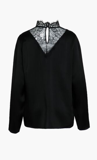 Lace-Paneled Silk Mock-Neck Blouse