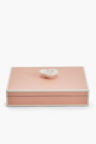 صندوق باريس بينك مستطيل الشكل باللون الوردي مع مقبض على شكل زهرة بيضاء