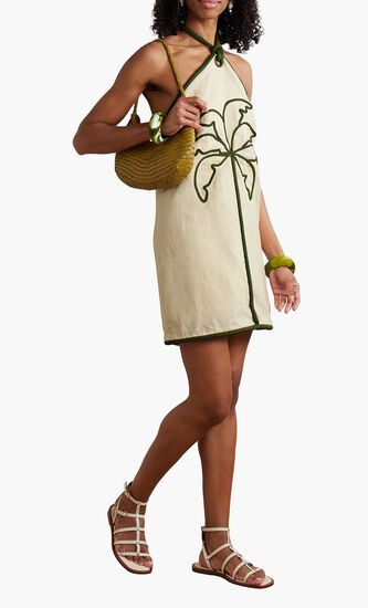 TROPICAL TAPESTRY OFF WHITE HALTER NECK MAXI DRESS