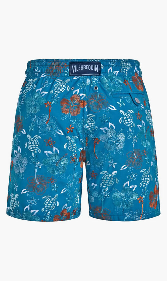 Embroidered Tropical Turtles Swim Shorts