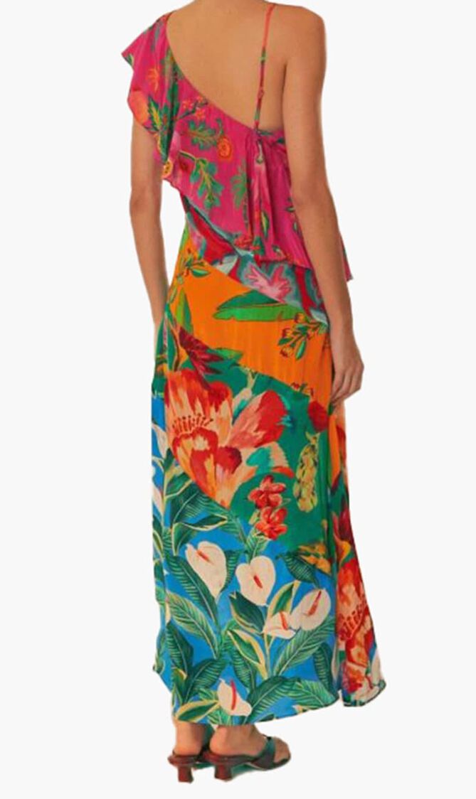 Mixed Flowery Rufle One Strap Midi Dress