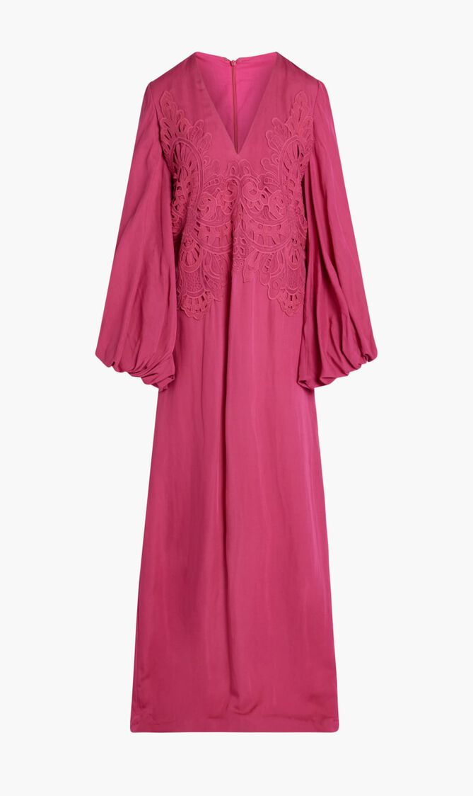 LINEN COLUMN GOWN WITH BRODERIE ANGLAISE DETAIL