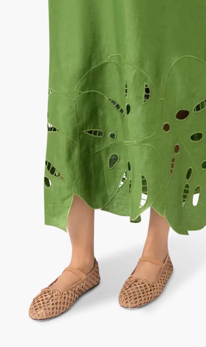 GREEN MONSTERA EMBROIDERY MIDI DRESS