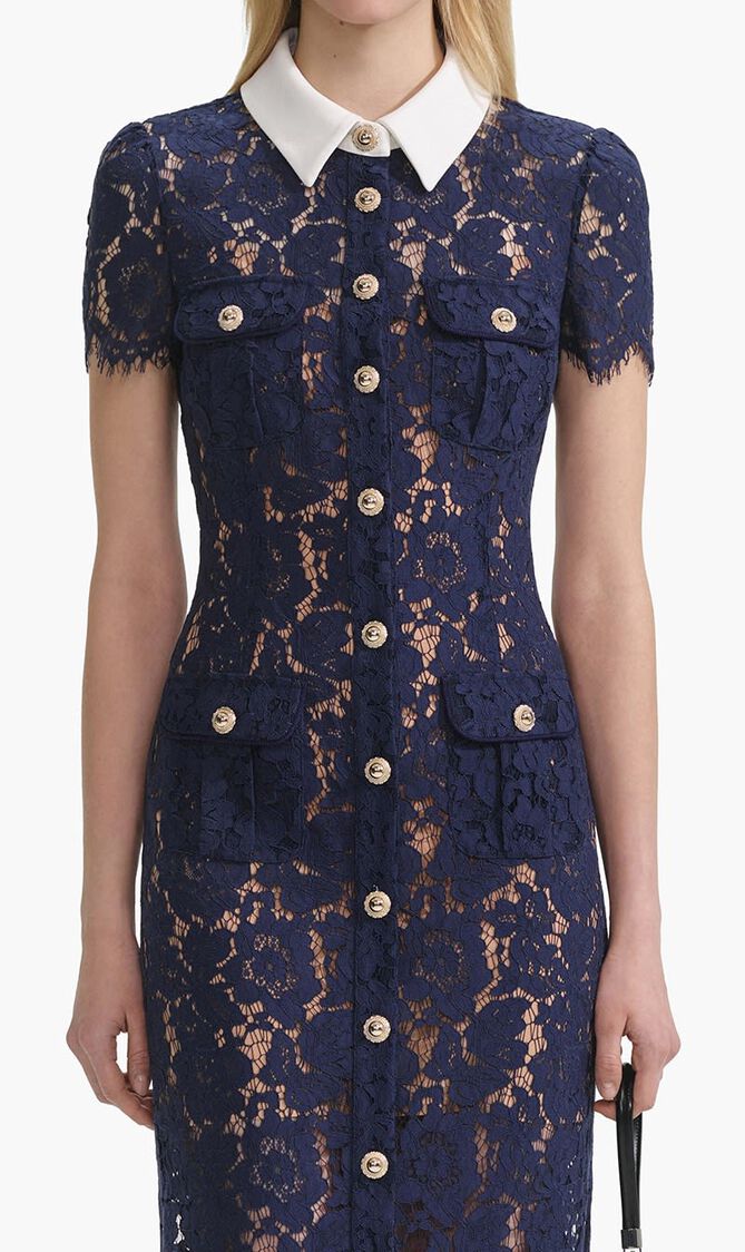 NAVY LACE CONTRAST COLLAR MIDI DRESS