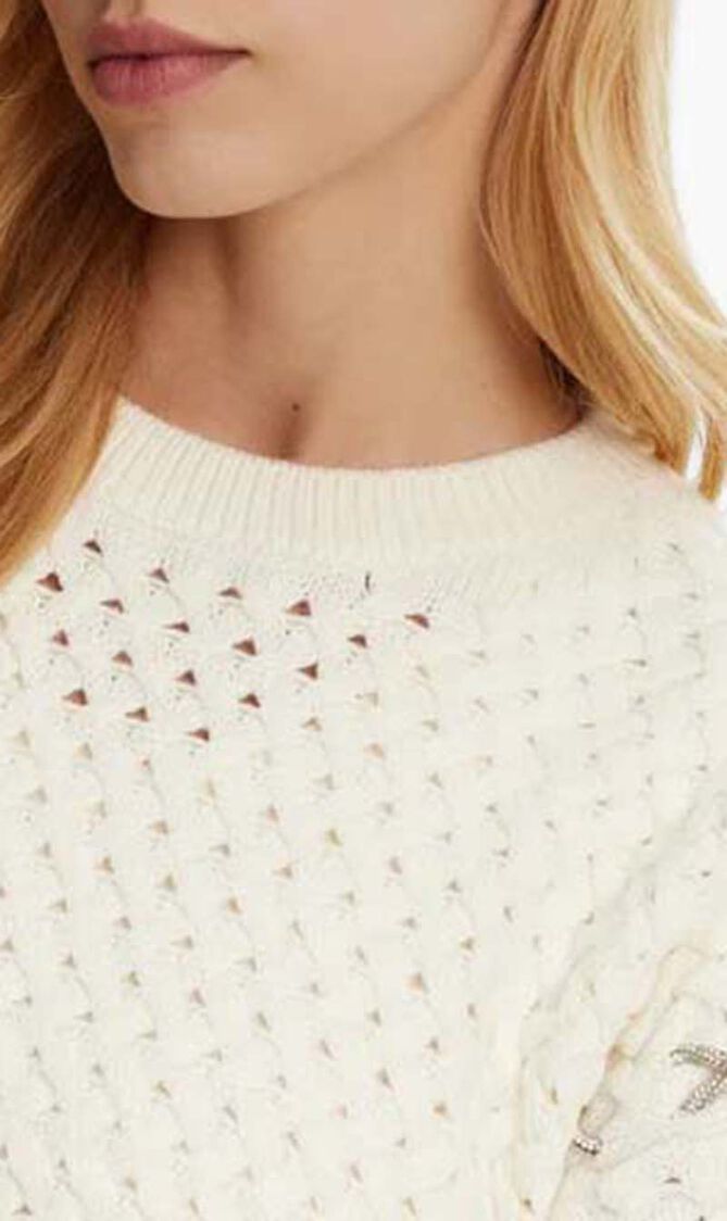 Elliss Rhinestone Chain Open-Stitch Crewneck Sweater