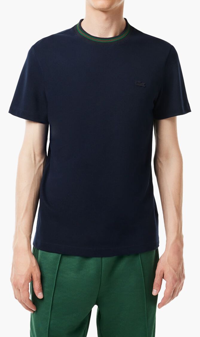 Stretch T-Shirt With Striped Pique Collar