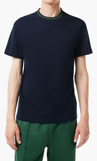 Stretch T-Shirt With Striped Pique Collar