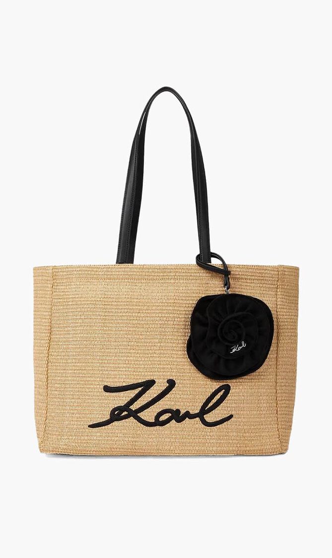 K SIGNATURE FLOWER RAFFIA TOTE