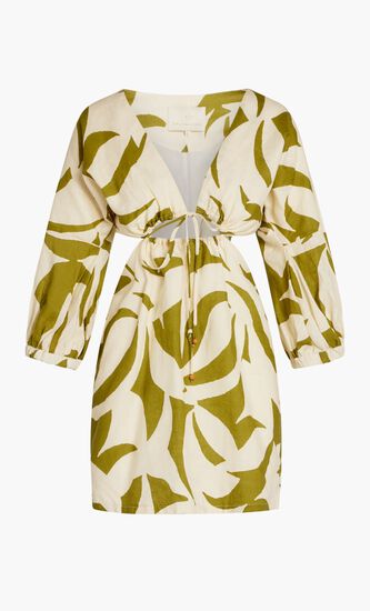 ILANA DRESS-PUFF SLEEVE MINI DRESS WITH CENTER AND SIDE CUTOUTS AND ELASTIC WAIST