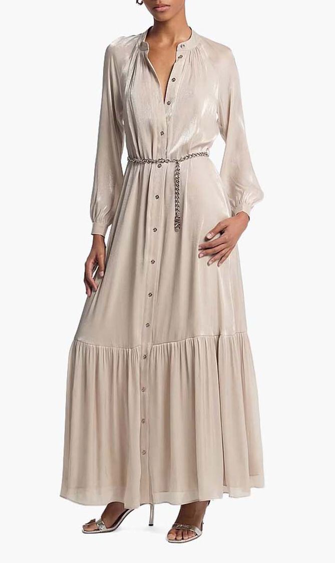 Metallic Crinkled Belted Kaftan Dress