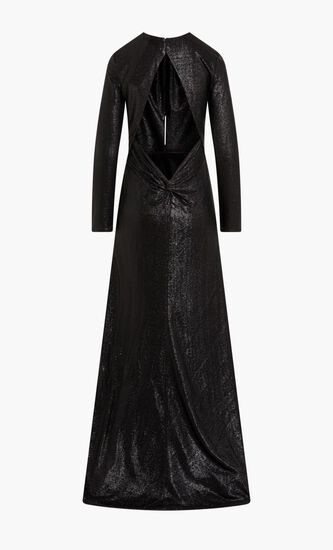LEESA – METALLLIC JERSEY KEYHOLE NECKLINE GOWN WITH KNOT DETAIL