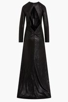 LEESA – METALLLIC JERSEY KEYHOLE NECKLINE GOWN WITH KNOT DETAIL LEESA – METALLLIC JERSEY KEYHOLE NECKLINE GOWN WITH KNOT DETAIL