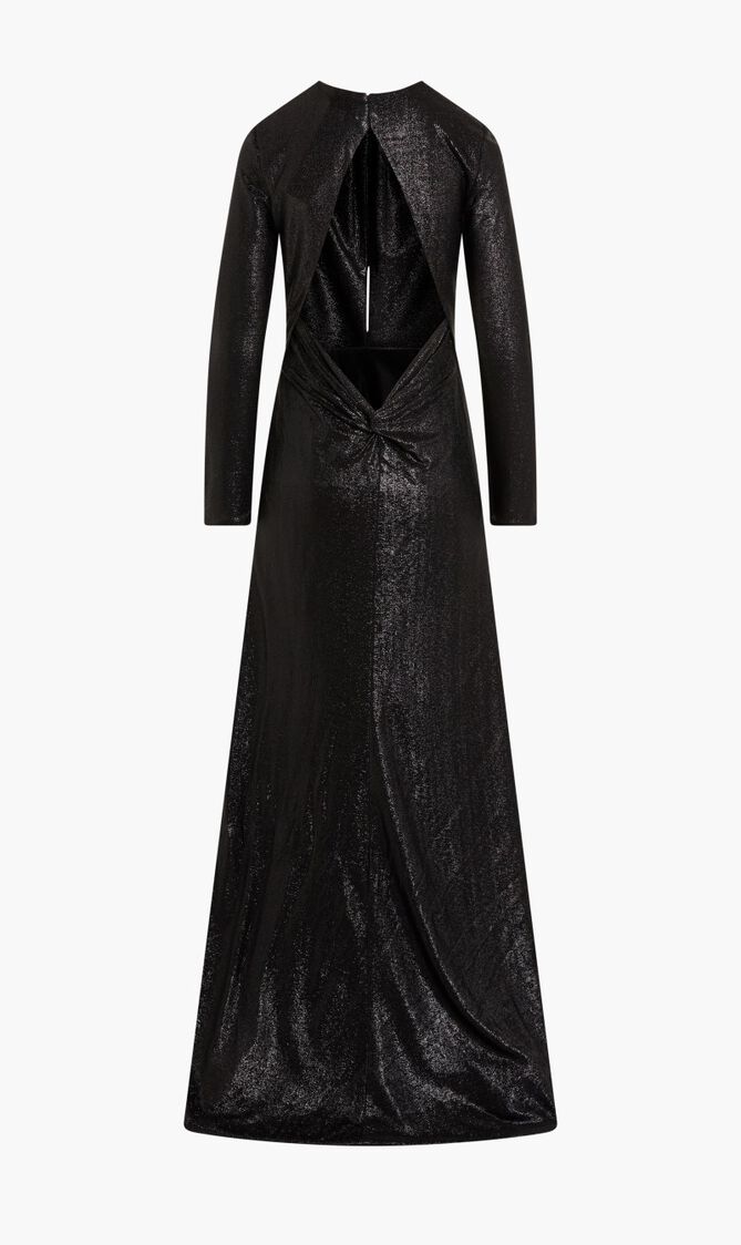 LEESA – METALLLIC JERSEY KEYHOLE NECKLINE GOWN WITH KNOT DETAIL LEESA – METALLLIC JERSEY KEYHOLE NECKLINE GOWN WITH KNOT DETAIL