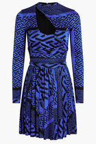 DRESS SKATER LS MINI HIGH NECK KEYHOLE BLUE GRECA AO PRINT