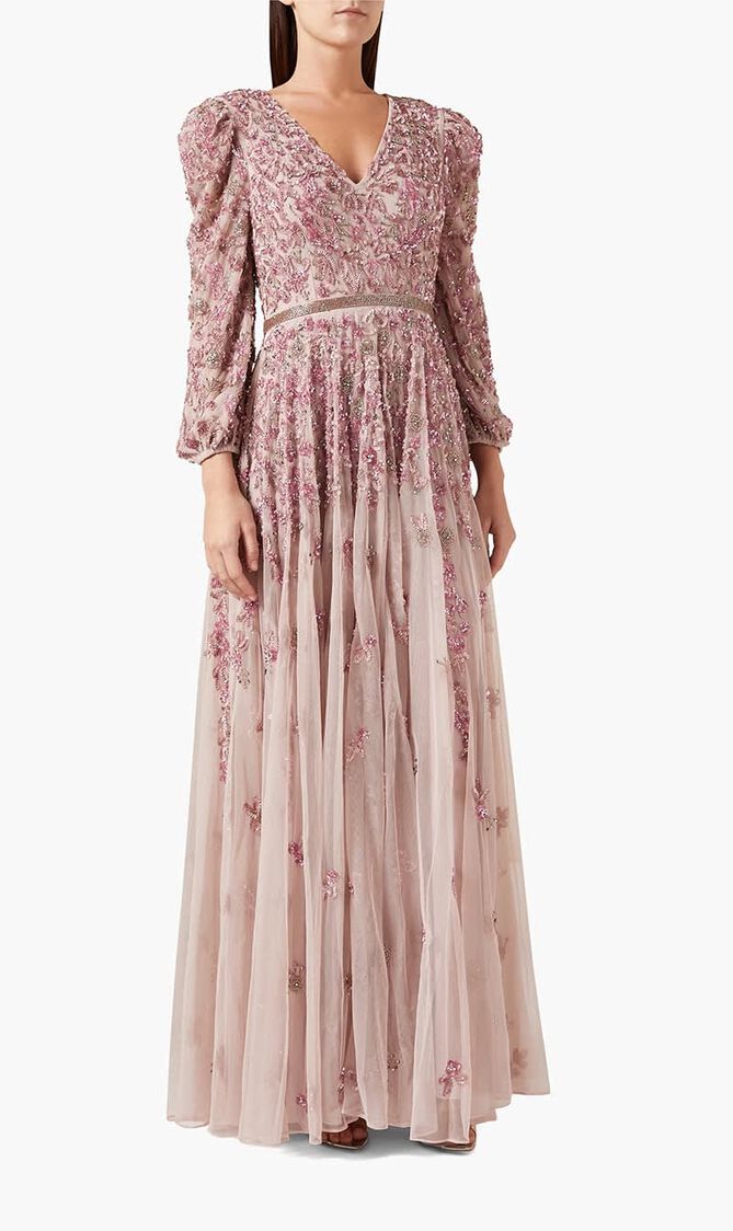 Mesh V Neckline Embellished Gown