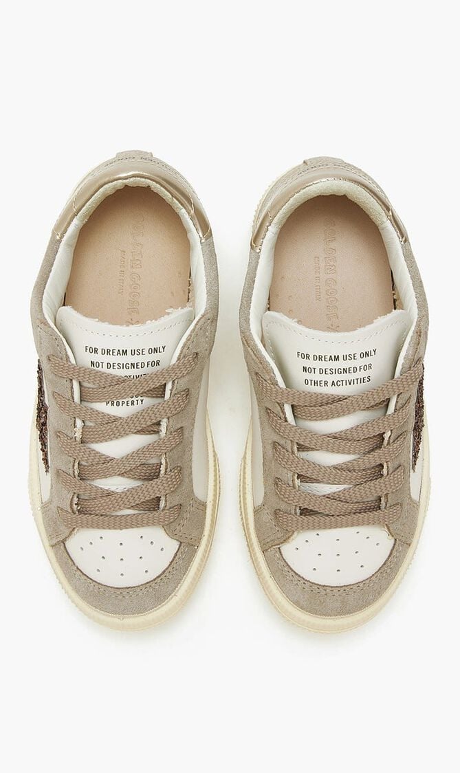 MAY LEATHER UPPER VAMP AND TONGUE SUEDE QUARTER AND TOE GLITTER STAR LAMINATED HEEL