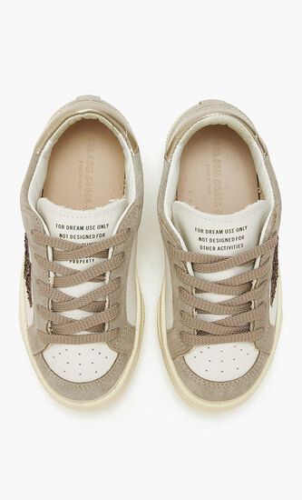 MAY LEATHER UPPER VAMP AND TONGUE SUEDE QUARTER AND TOE GLITTER STAR LAMINATED HEEL