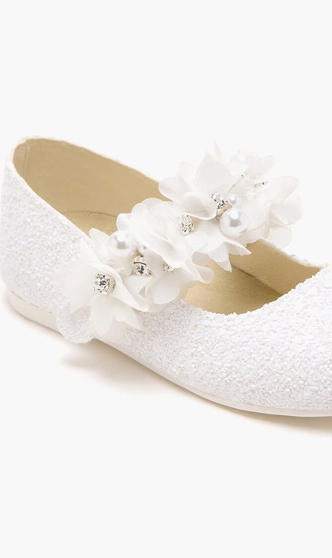 SINGLE STRAP VELCRO FLOWERS PEARLS SWAROVSKI CRYSTALS EMBELLISHED GLITTER FABRIC BALLERINAS