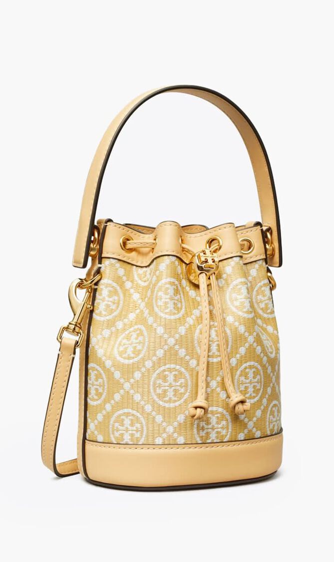 T Monogram Raffia Mini Bucket Bag