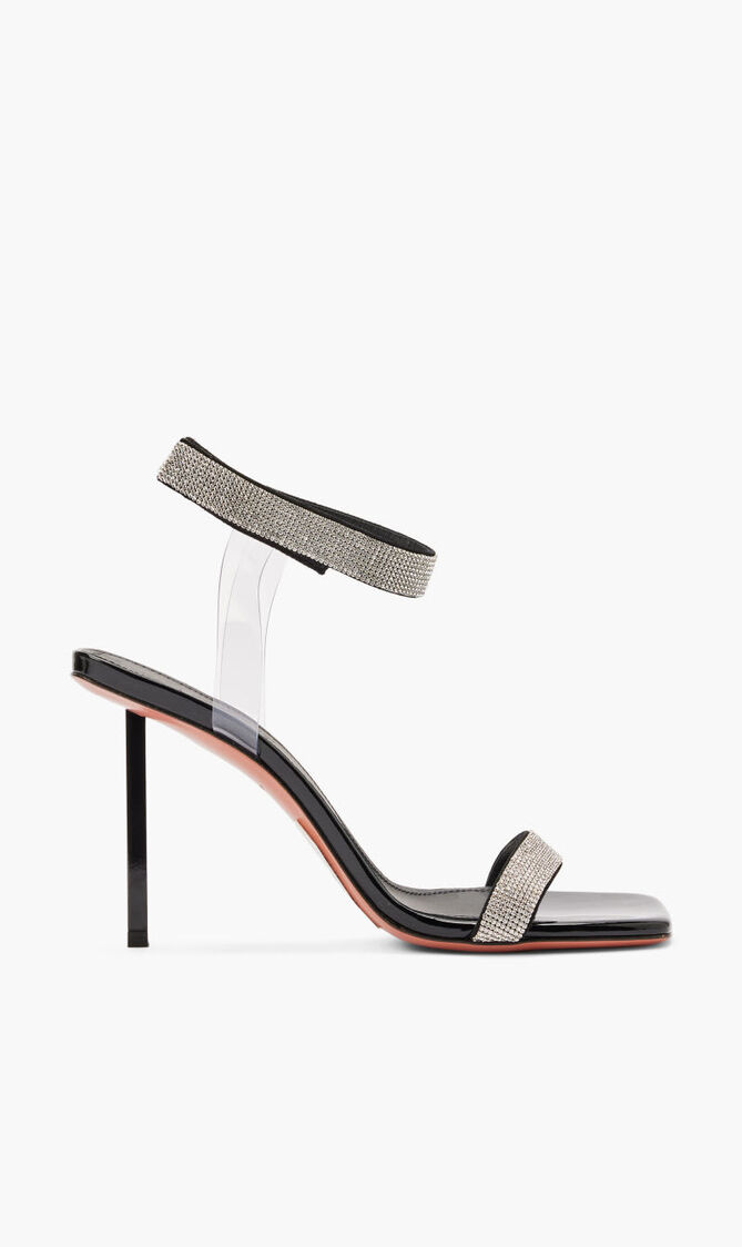RIH SANDAL BLACK PATENT WHITE CRYSTAL MESH BLACK LACQUER METAL HEEL 95 MM METAL HEEL