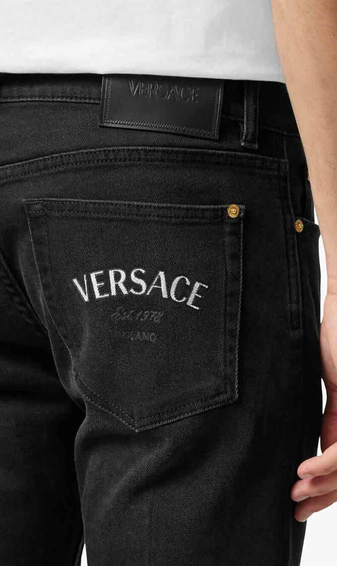 PANT DENIM STONE WASHED BLACK DENIM + VERSACE EMBROIDERY