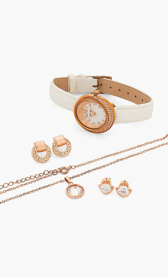 Stone Studded Analog Watch and Jewelry Set