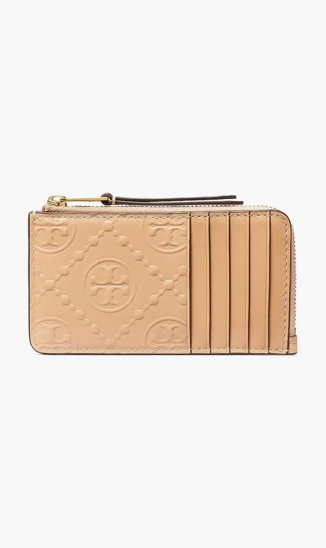 T MONOGRAM PATENT EMBOSSED ZIP CARD CASE