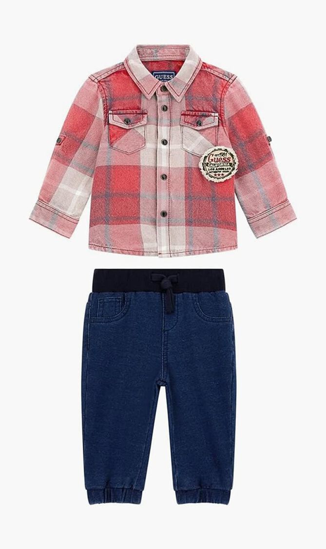 Flannel Plaid Shirt And Stretch Denim Set