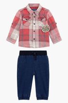 Flannel Plaid Shirt And Stretch Denim Set