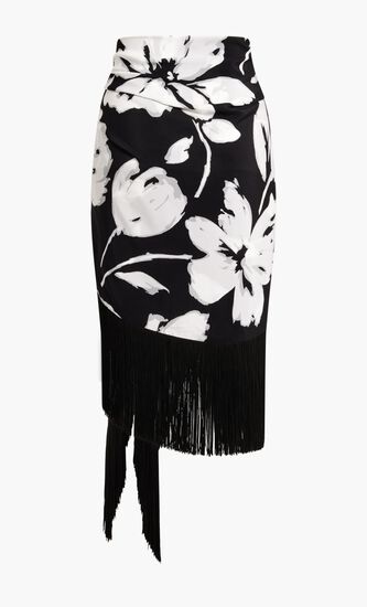 Brushstroke Floral Silk Crepe De Chine Fringed Sarong Skirt